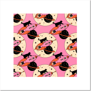 Space Walker Black Cat Pattern in pink Posters and Art